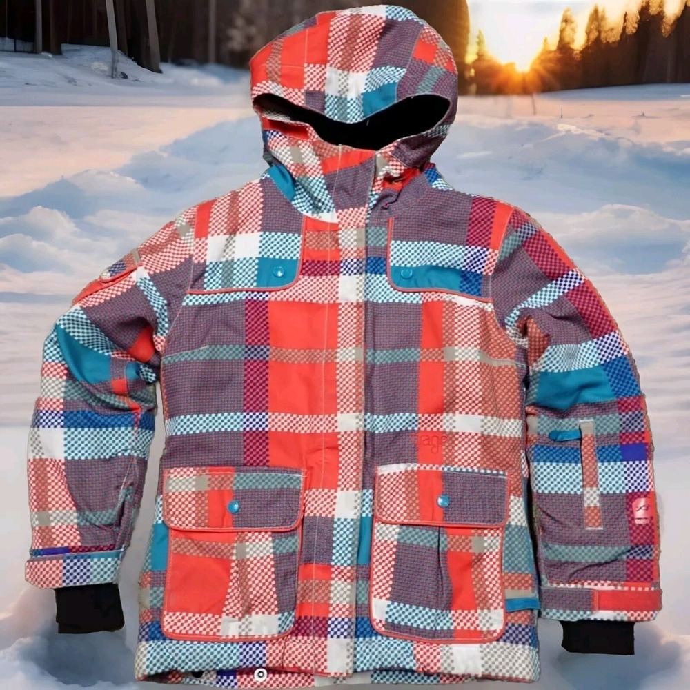 Orage Ski Jacket Girls XS 7 Red‎ Blue Plaid Excellent Hooded Snowboard Coat